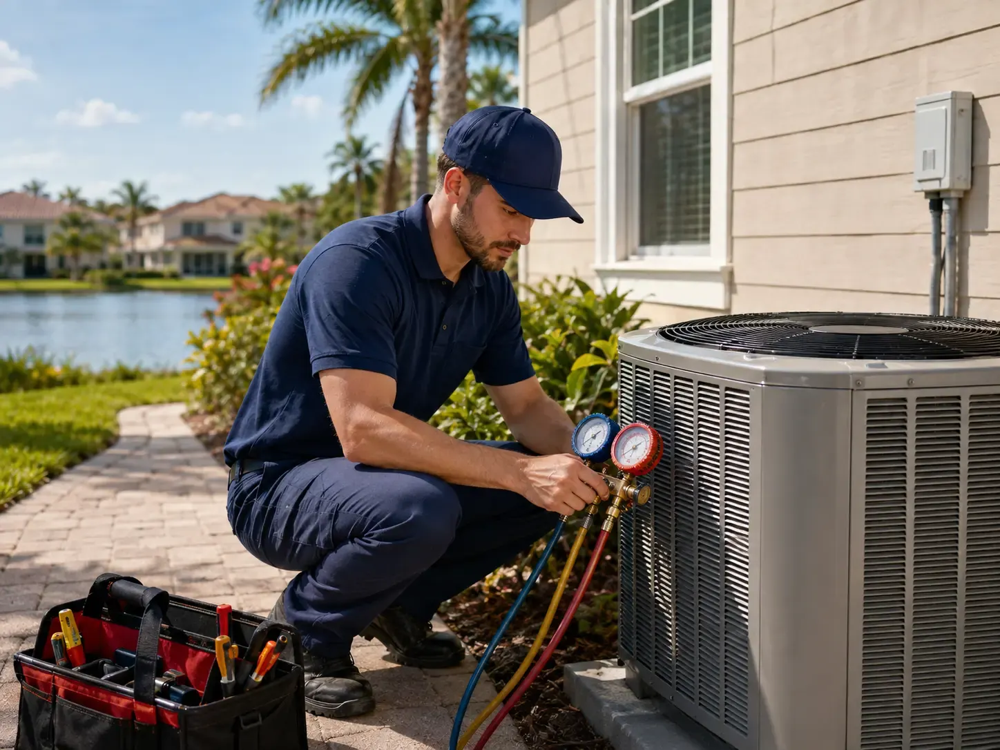 HVAC technician checking air conditioning refrigerant gauges in Orlando